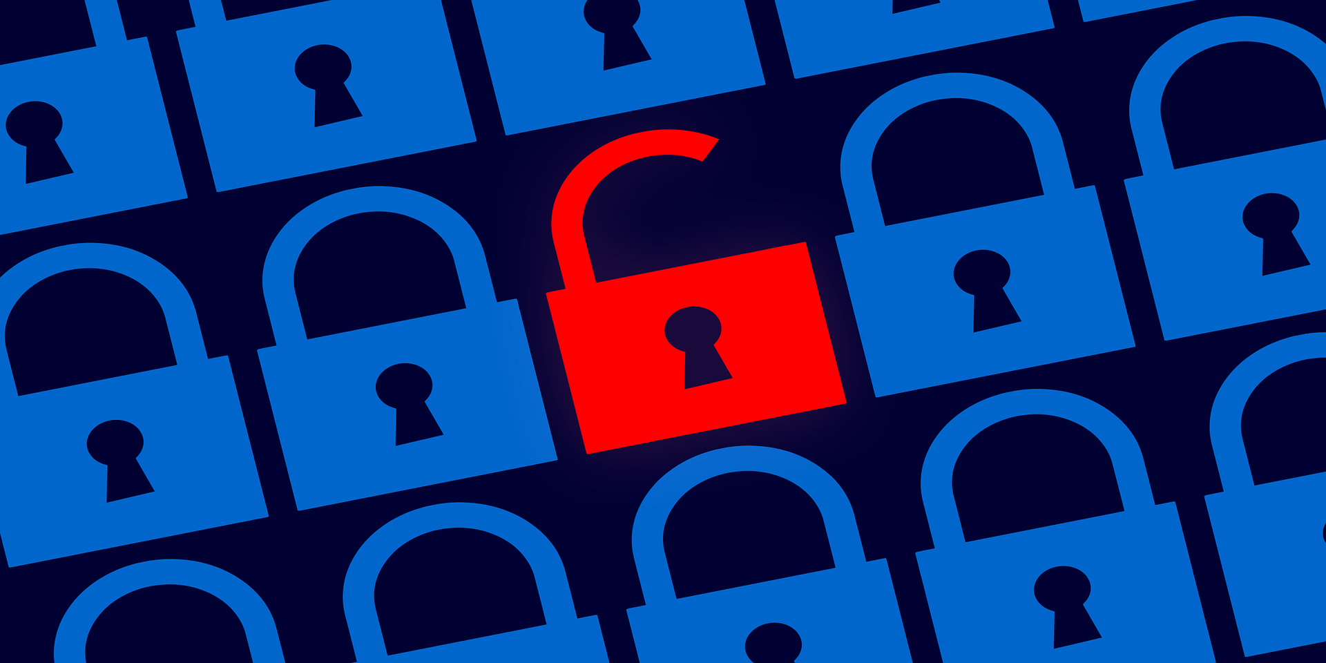 An image of an unlocked red lock surrounded by locked blue locks.