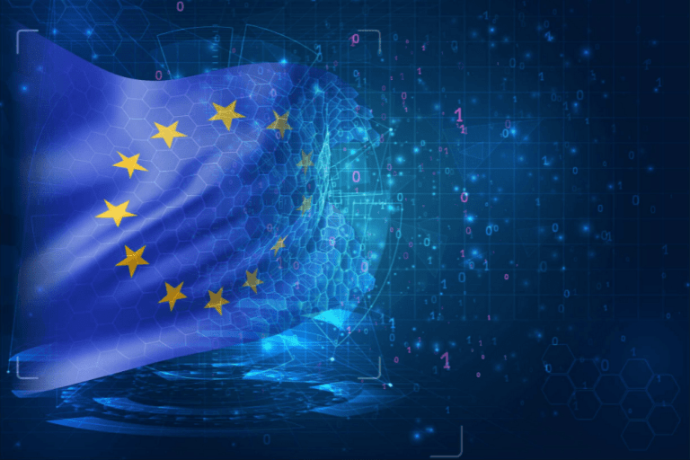 An image of a EU flag against a tech background.