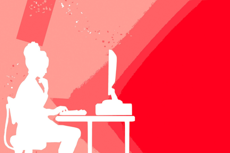A decorative visual of a woman working on her computer.