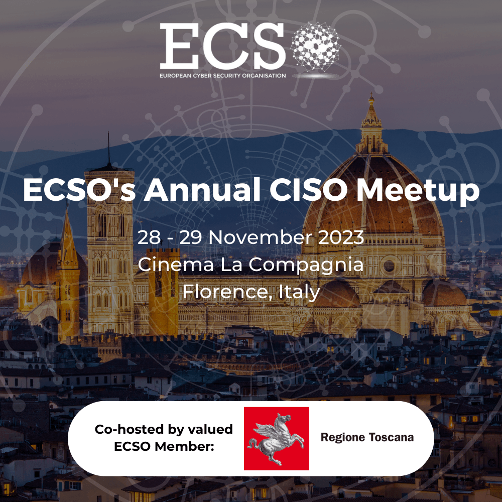 The visual for ECSO's Annual CISO Meetup event taking place in November 2023 in Florence, Italy.