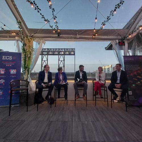 An image of five speakers from ECSO's Networking Night in San Francisco in 2023.