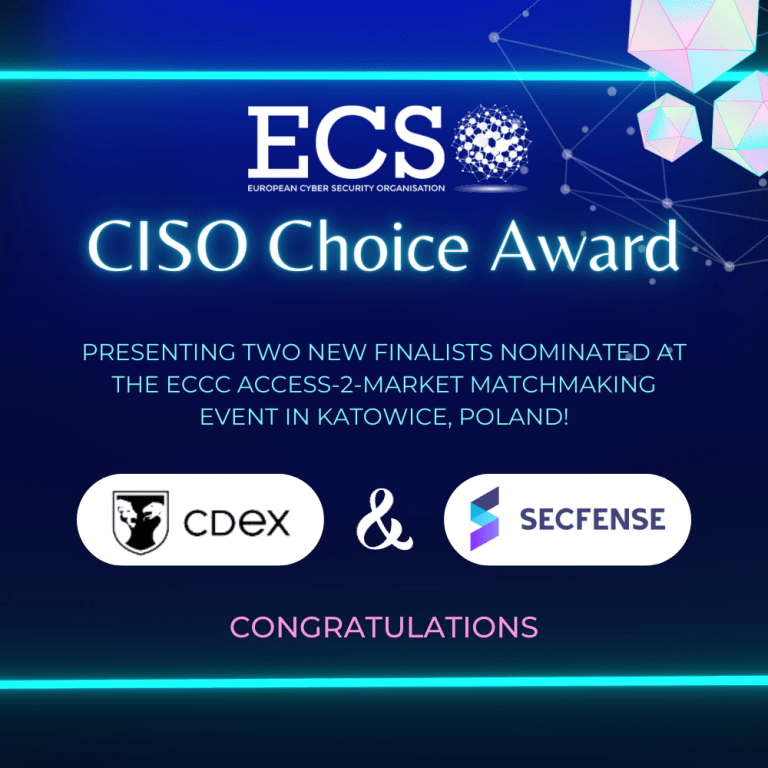 Visual announcing the nominees for the ECSO CISO Choice Award: CDeX and Secfense.