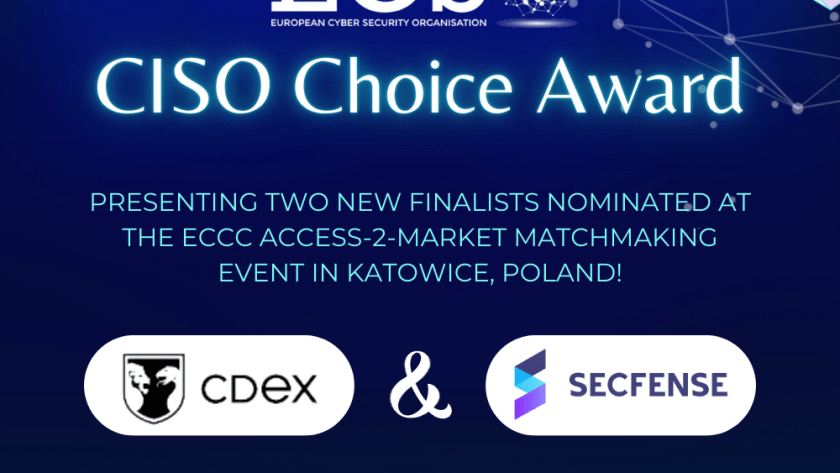 Visual announcing the nominees for the ECSO CISO Choice Award: CDeX and Secfense.